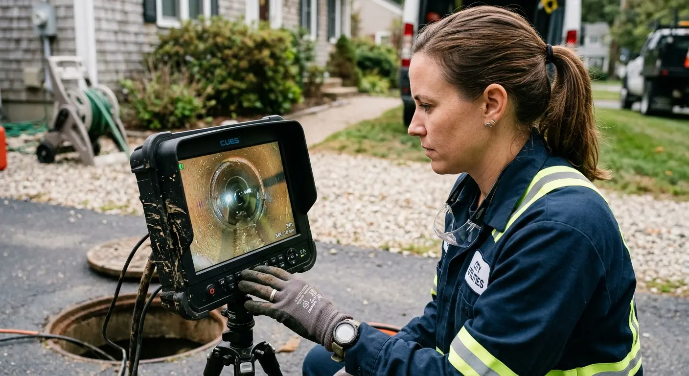 Technician reviewing sewer camera inspection footage in Cave Springs