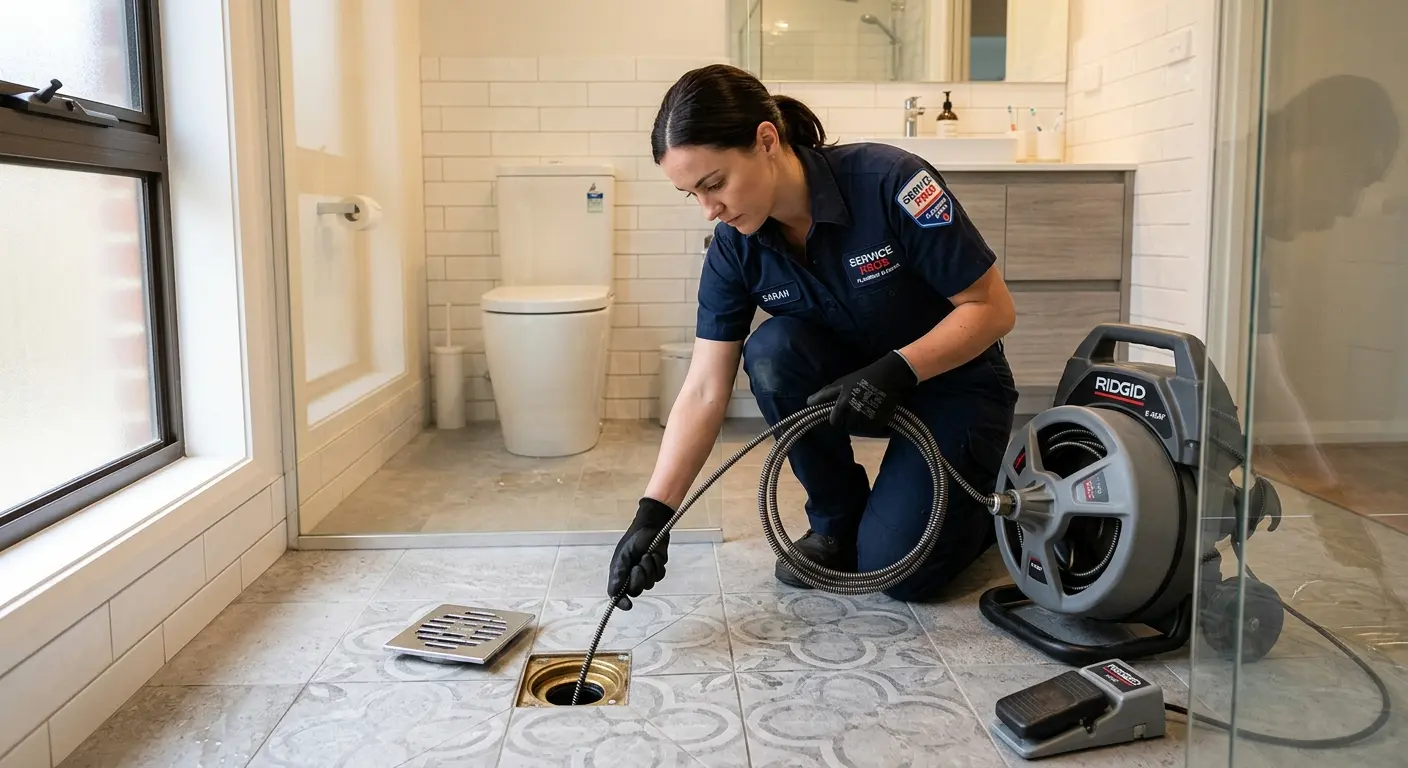 Technician clearing a bathroom floor drain for Sewer Line Replacement in Cave Springs